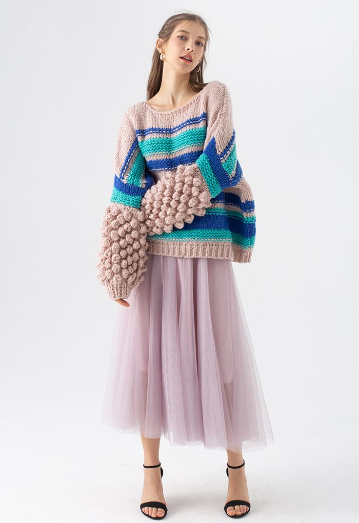 Pom-Pom Sleeve Hand-Knit Chunky Sweater