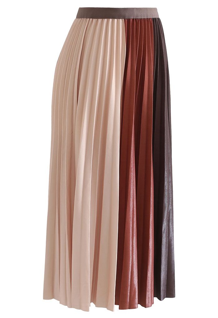 Pleated Sheen Color Block Midi Skirt in Caramel