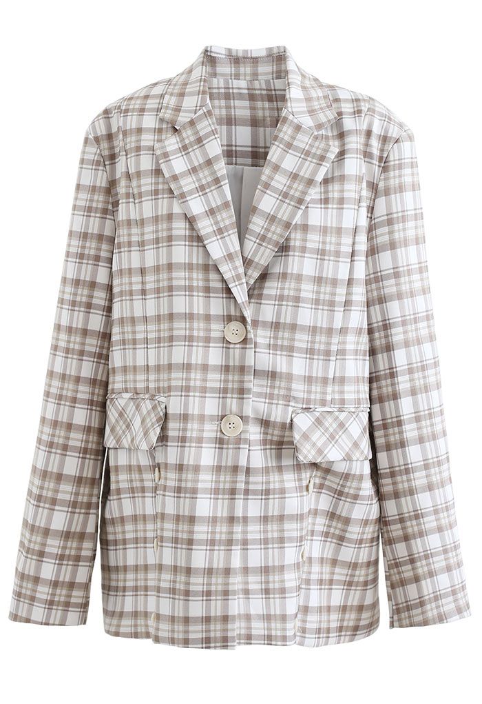 Plaid Single Breasted Buttoned Hem Blazer in Sand