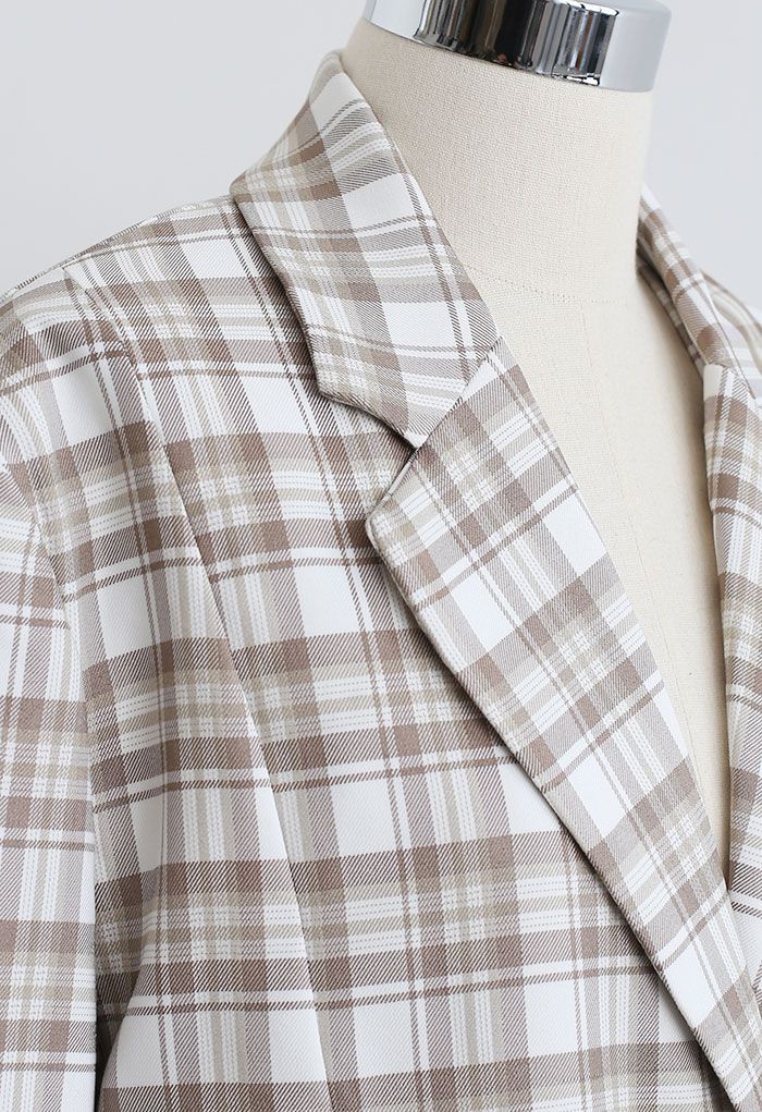 Plaid Single Breasted Buttoned Hem Blazer in Sand