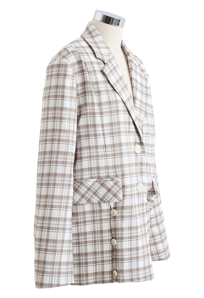 Plaid Single Breasted Buttoned Hem Blazer in Sand