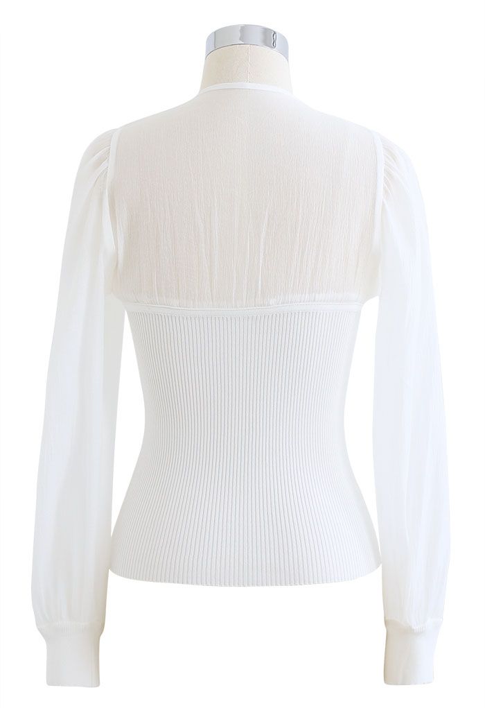 Spliced Bubble Sleeve Knit Top in White