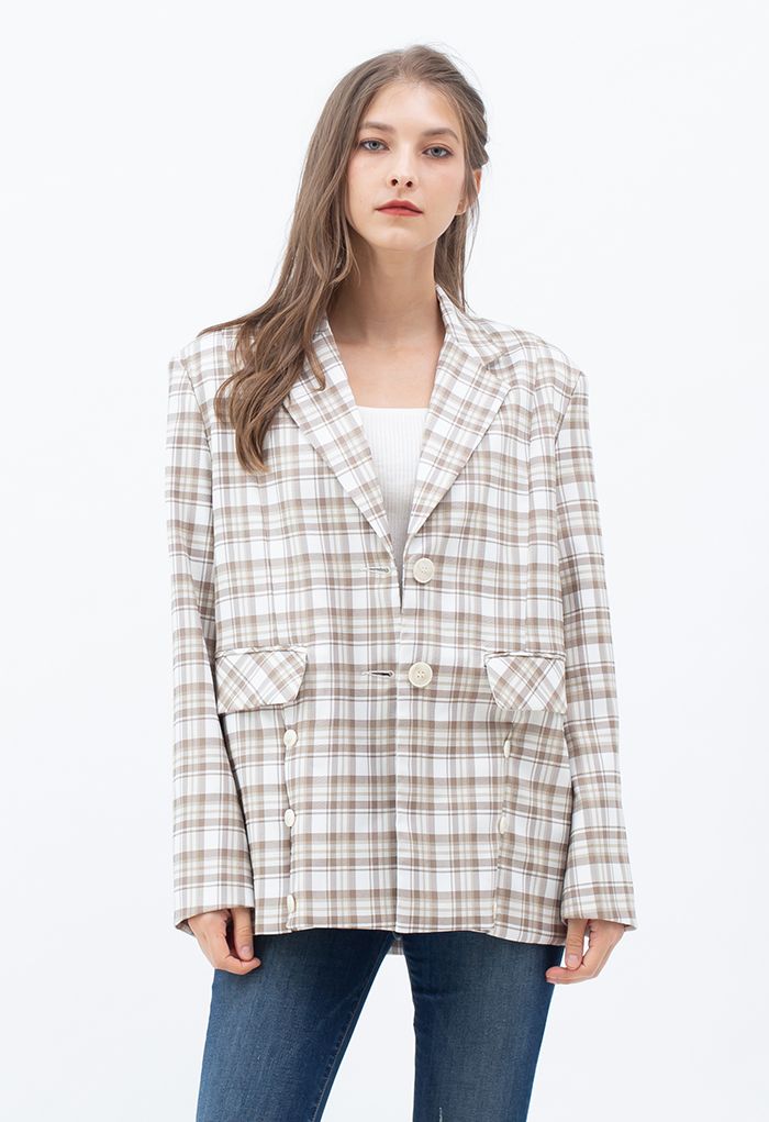 Plaid Single Breasted Buttoned Hem Blazer in Sand