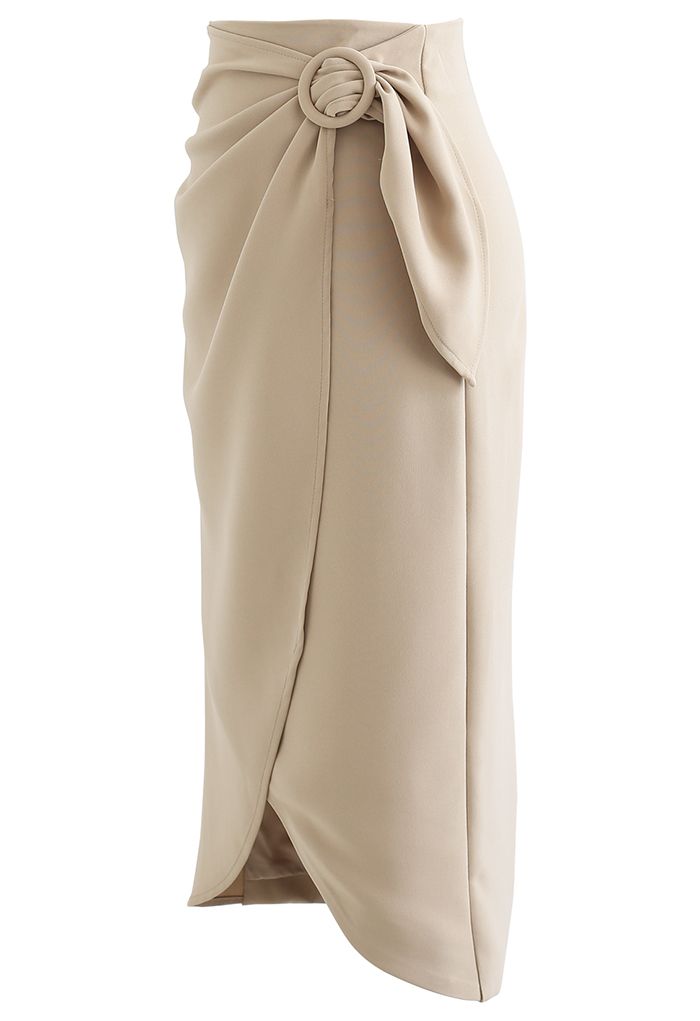 Flap Front Knot Side Midi Petal Skirt in Light Tan