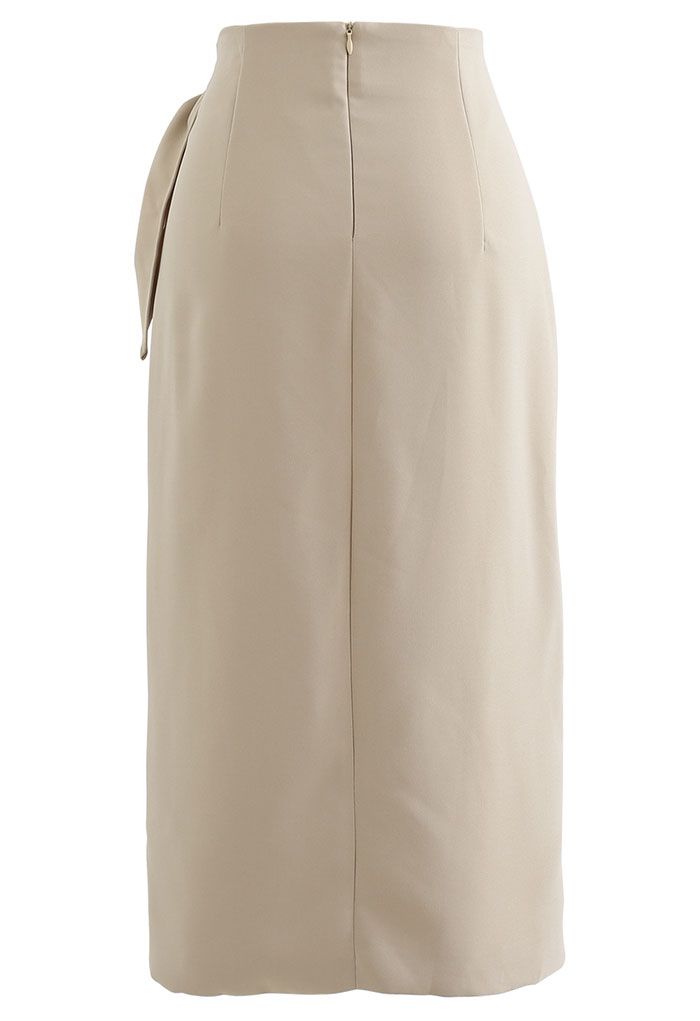 Flap Front Knot Side Midi Petal Skirt in Light Tan