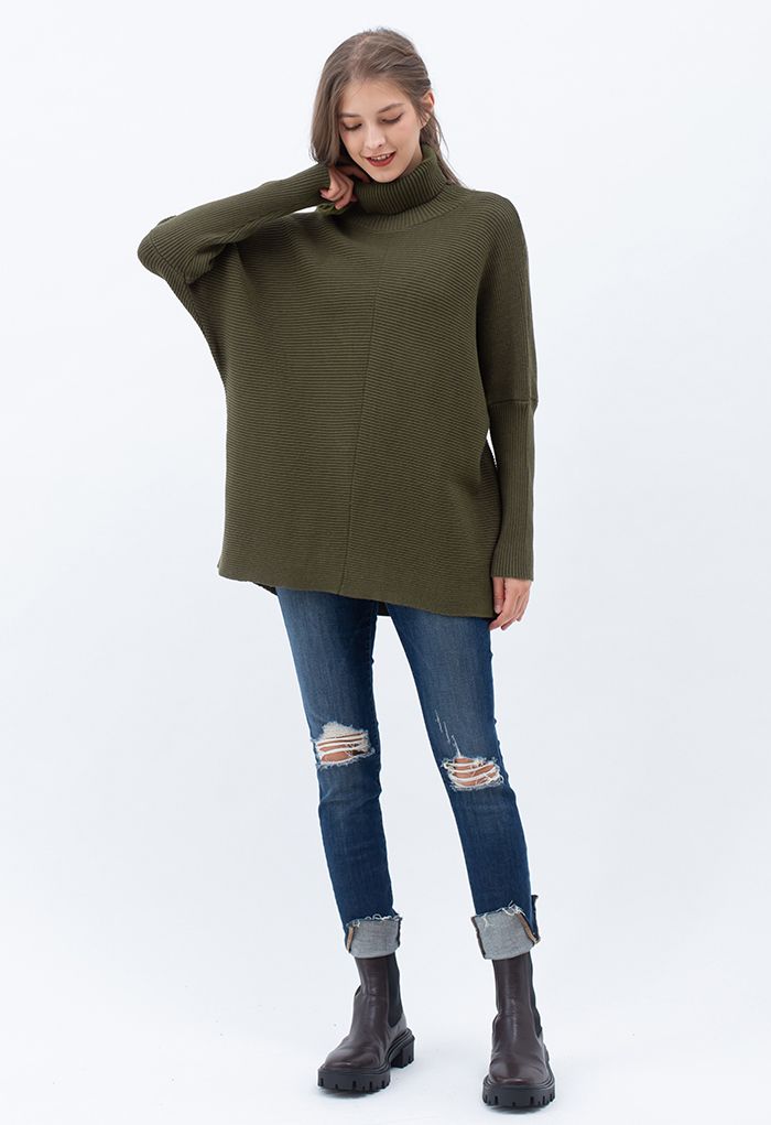 Effortless Chic Turtleneck Batwing Sleeve Hi-Lo Sweater in Army Green