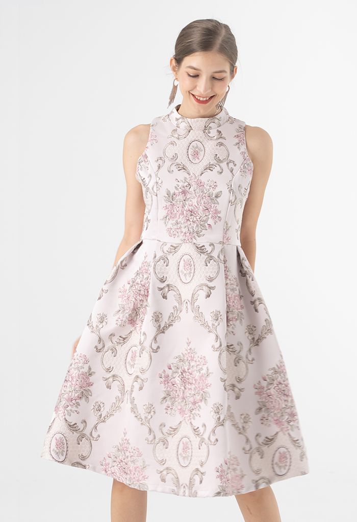 Splendid Peony Baroque Jacquard Sleeveless Dress in Pink