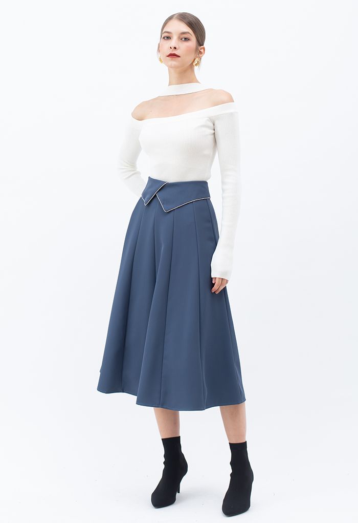 Crystal Flap Seam Detailing Midi Skirt in Dusty Blue