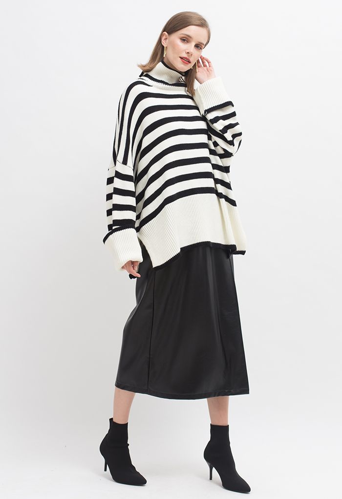 Striped Oversize Flare Sleeve Turtleneck Knit Sweater in White