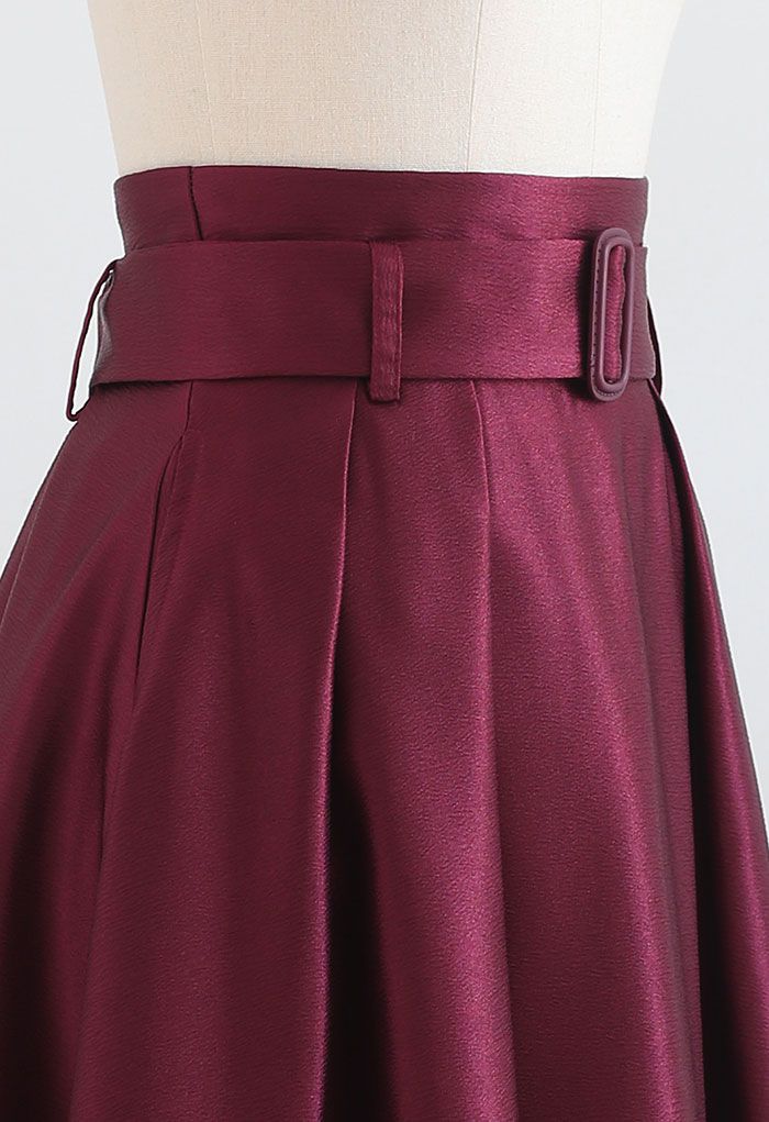 Belted Texture Flare Maxi Skirt in Burgundy