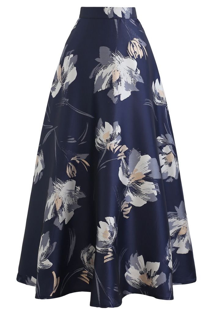 Blooming Floral Jacquard Maxi Skirt in Navy