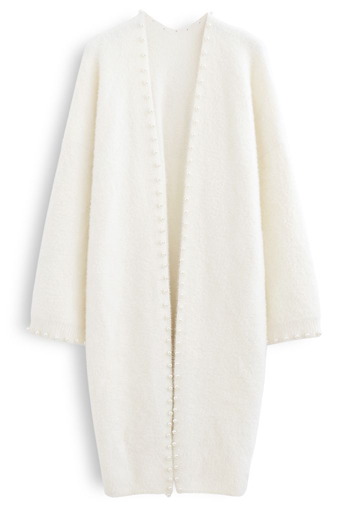 Comfy Fuzzy Pearl Edge Longline Knit Cardigan