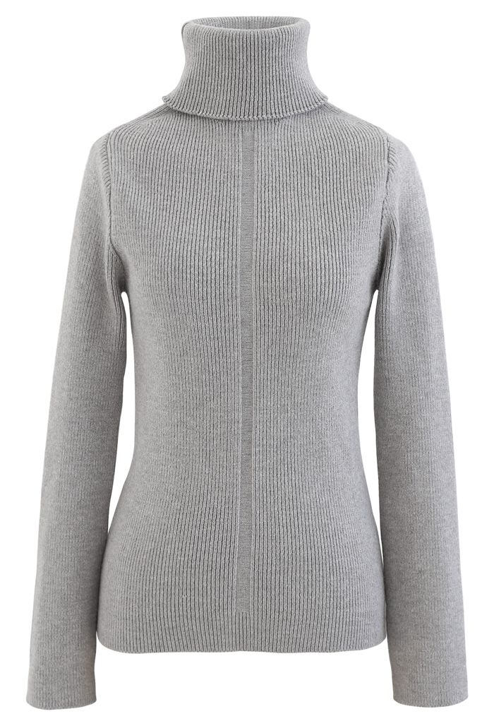 Grey Turtleneck Ribbed Knit Sweater