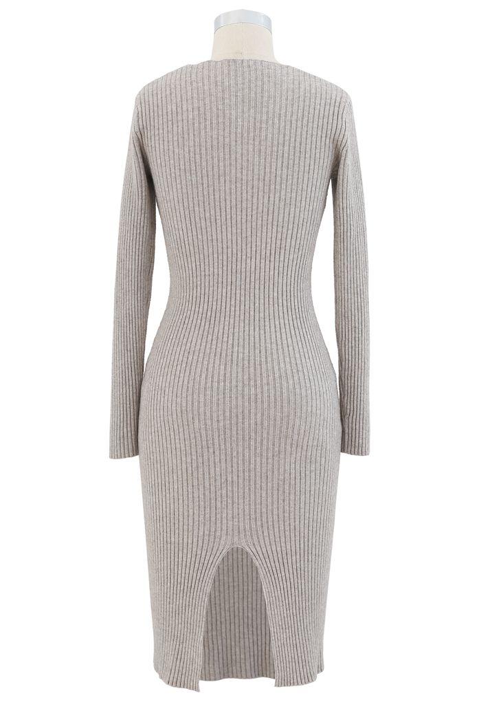 Surplice Wrap Front Ribbed Knit Dress in Linen