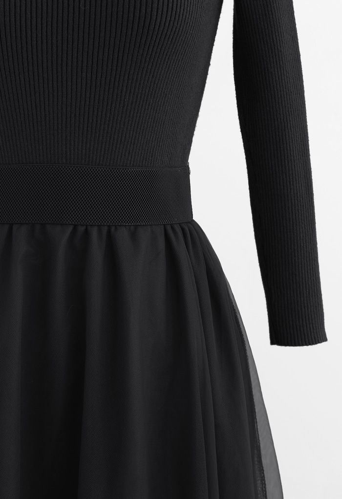 Elasticated Waist Knit Splice Mesh Dress in Black