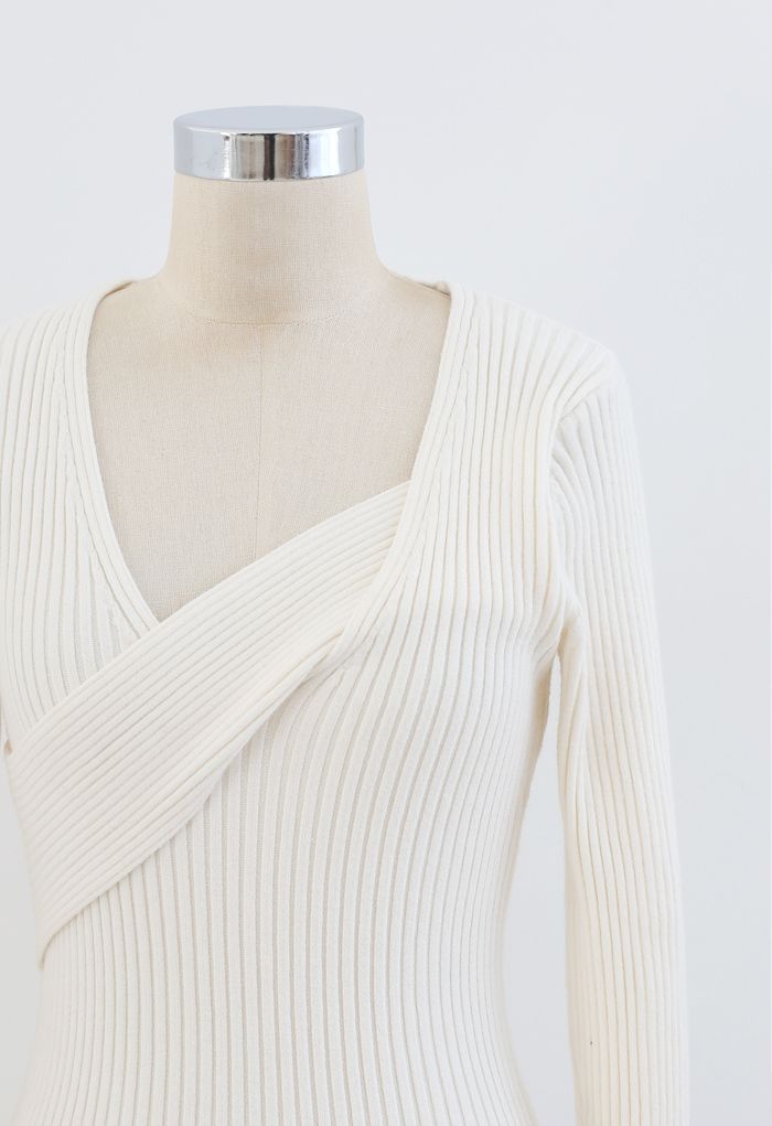 Surplice Wrap Front Ribbed Knit Dress in White