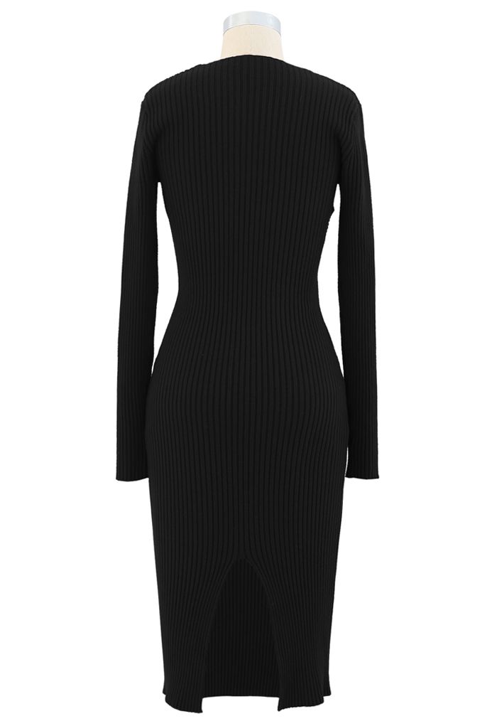 Surplice Wrap Front Ribbed Knit Dress in Black