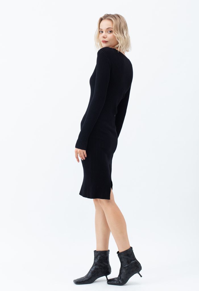 Surplice Wrap Front Ribbed Knit Dress in Black