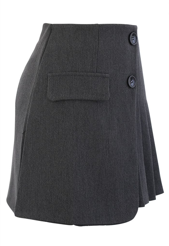 Buttoned Flap Pleated Mini Skirt in Grey