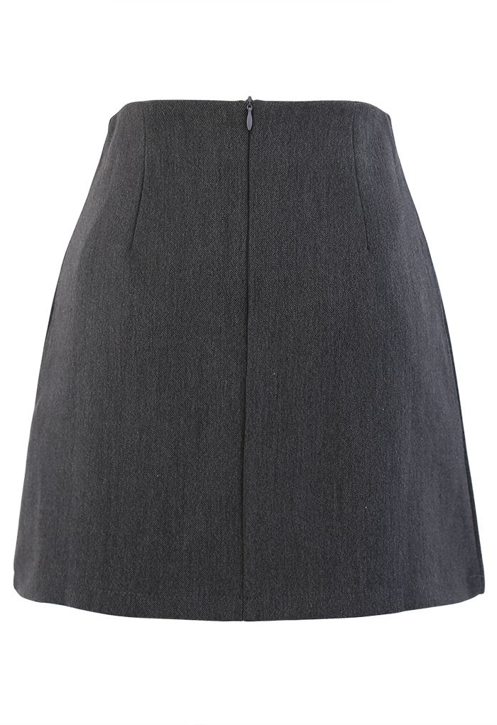 Buttoned Flap Pleated Mini Skirt in Grey