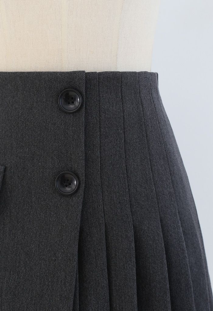 Buttoned Flap Pleated Mini Skirt in Grey