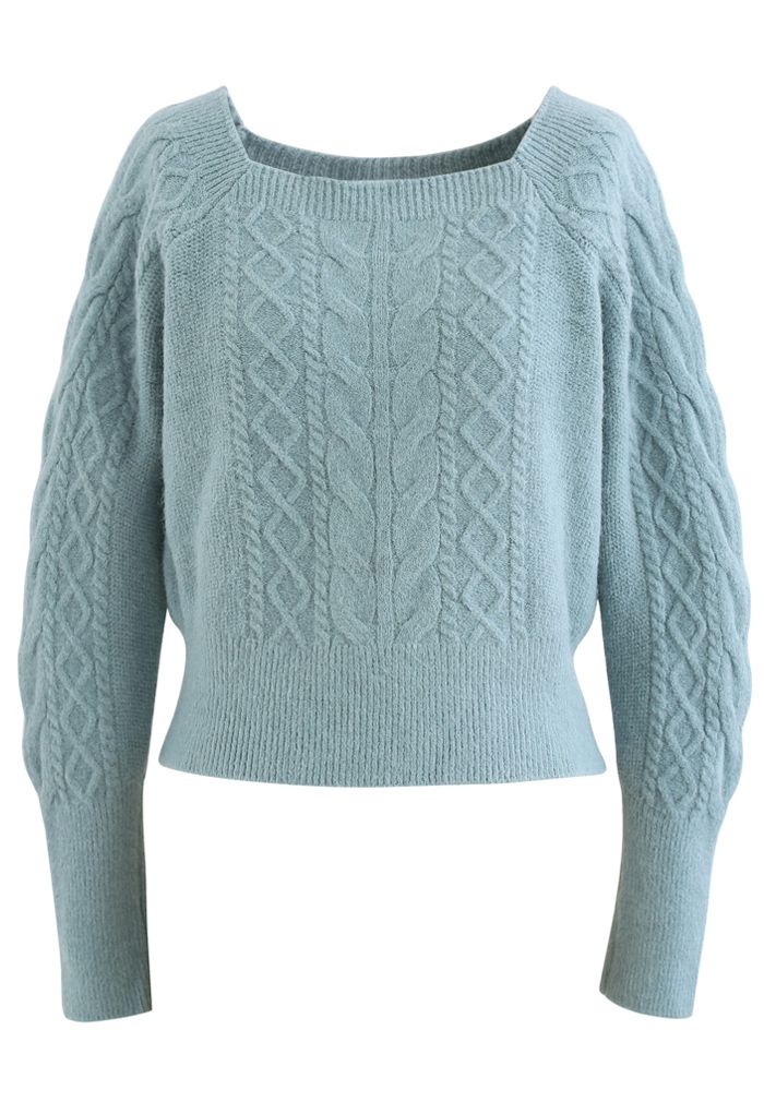 Cropped Square Neck Braid Knit Sweater in Turquoise