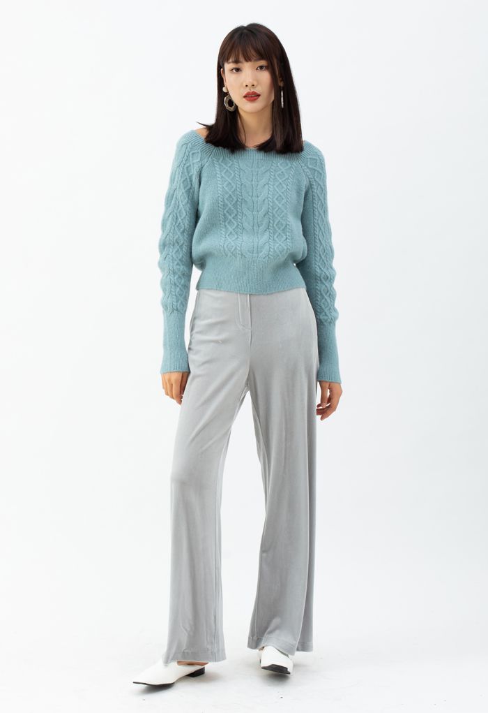 Cropped Square Neck Braid Knit Sweater in Turquoise