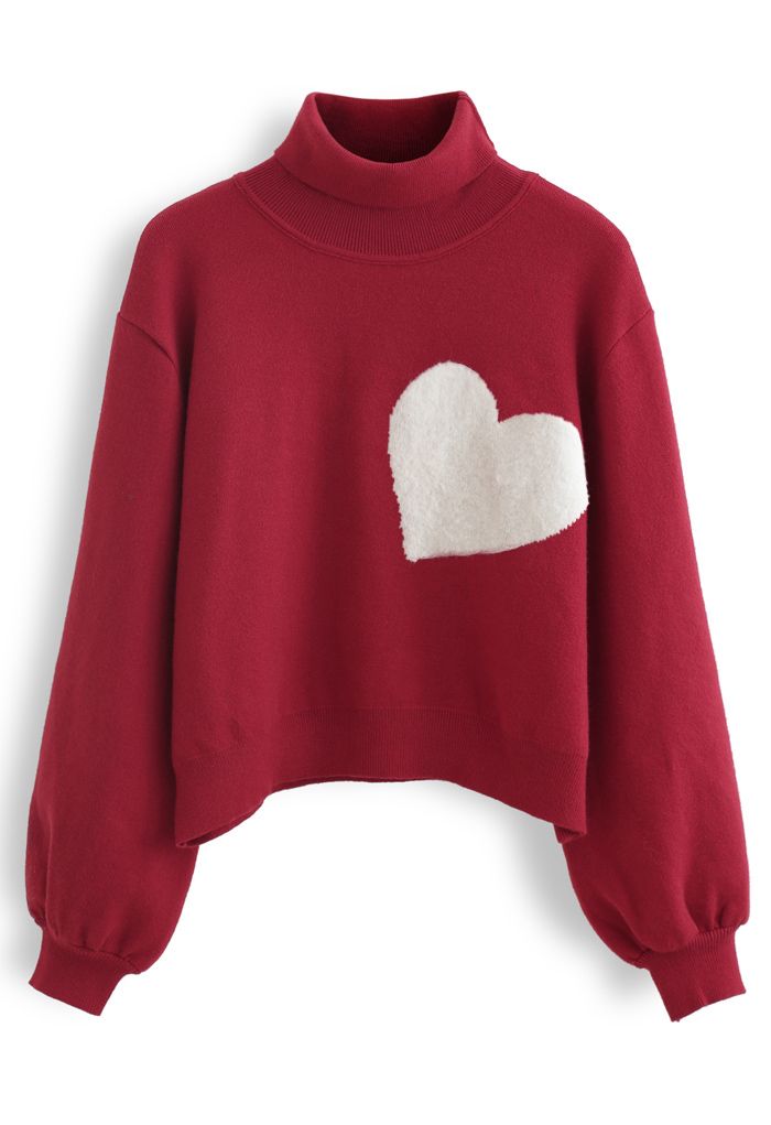 Embroidered Heart High Neck Knit Sweater in Red