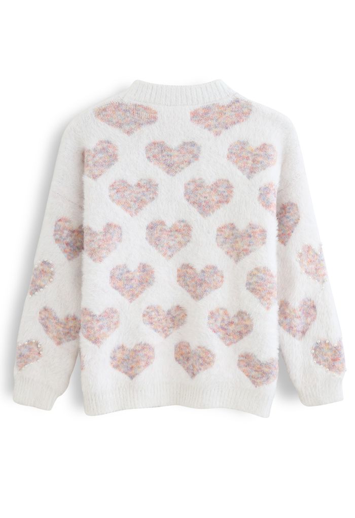 Fuzzy Pink Heart Pearl Trim Knit Sweater