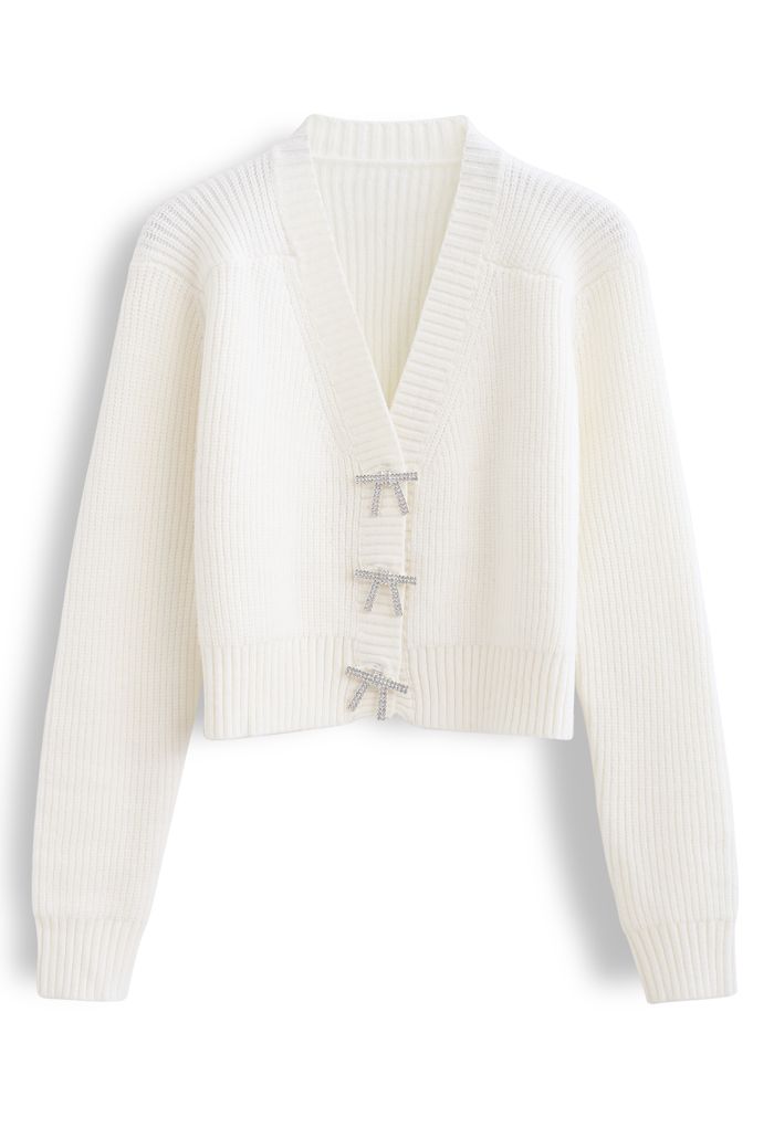 Bowknot Brooch Button Up Crop Knit Cardigan in White