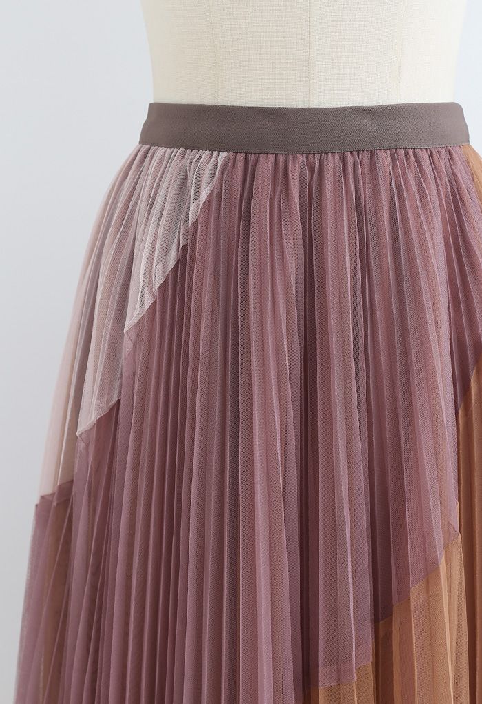 Multi Color Double-Layered Pleated Tulle Midi Skirt in Berry