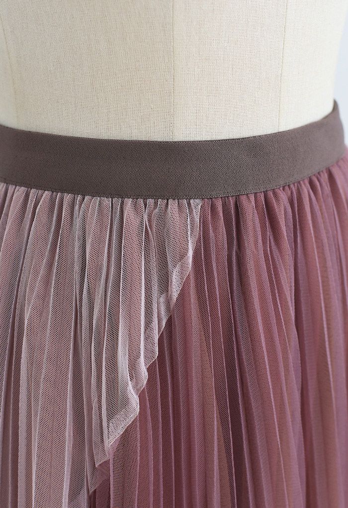 Multi Color Double-Layered Pleated Tulle Midi Skirt in Berry