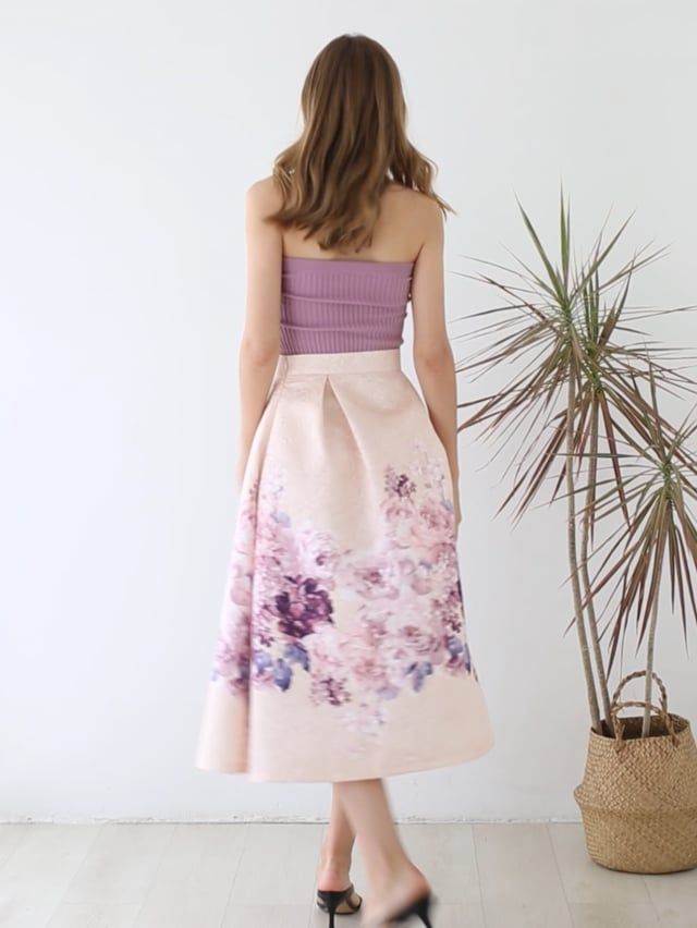 Lavender Peony Print Embossed Midi Skirt