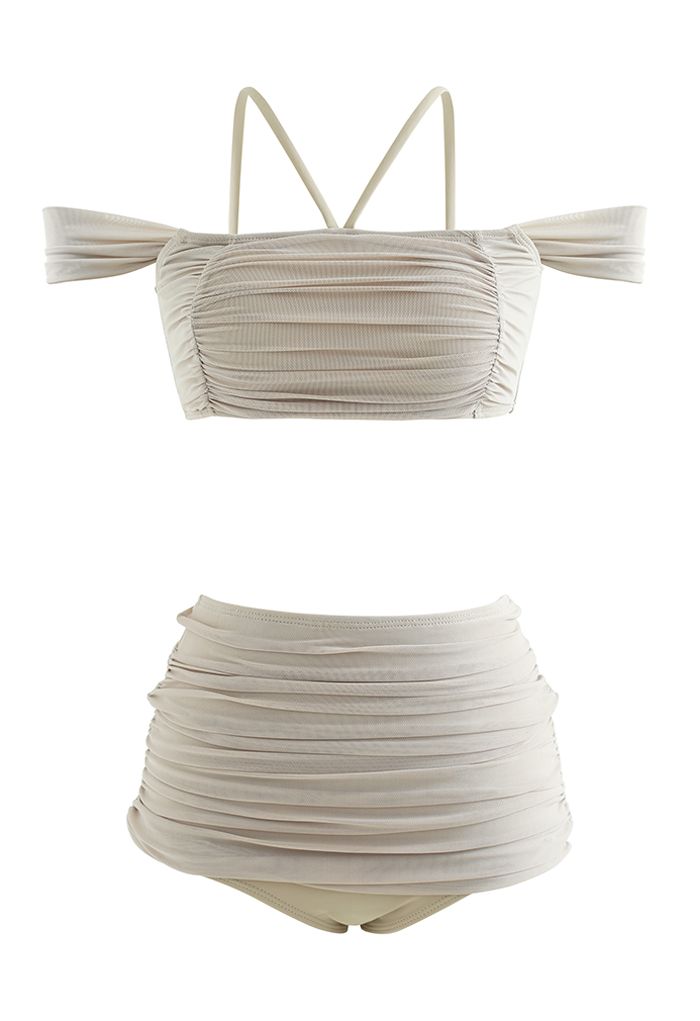 Ruched Mesh Cold-Shoulder Bikini Set in Sand