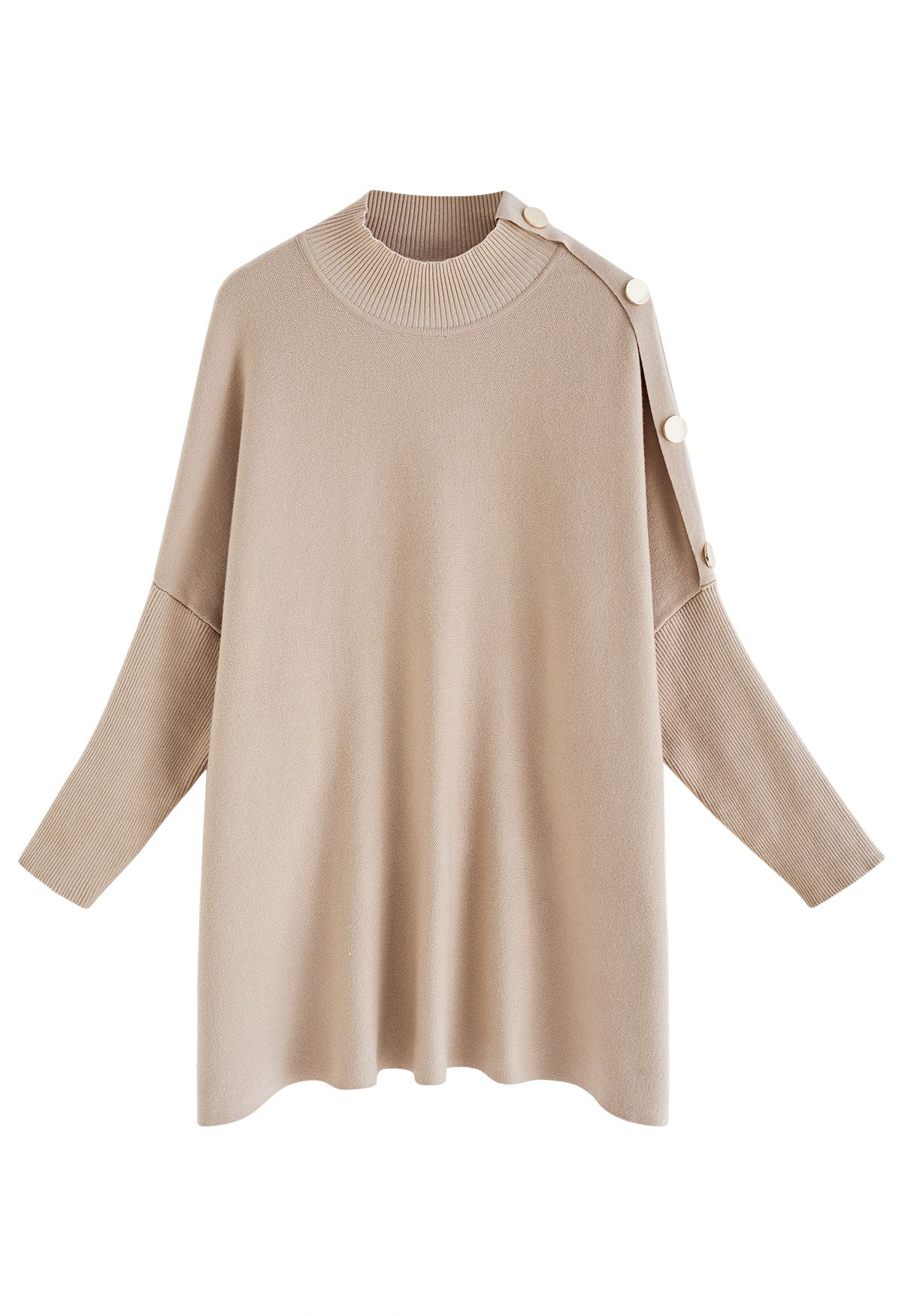 Side Buttoned Flap High Neck Knit Poncho in Camel