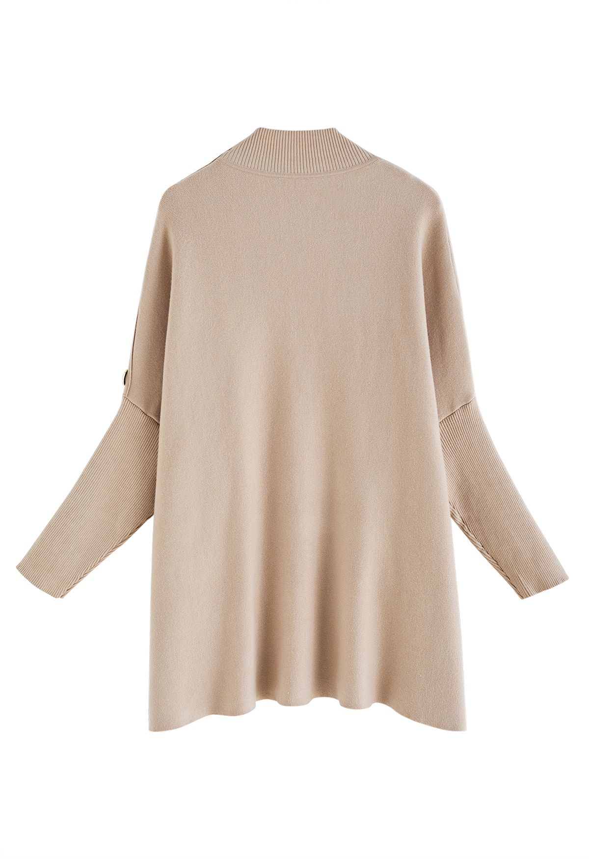 Side Buttoned Flap High Neck Knit Poncho in Camel