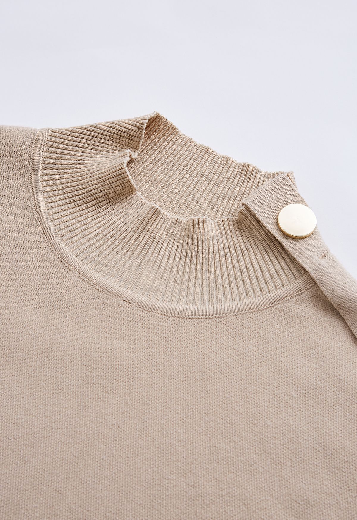 Side Buttoned Flap High Neck Knit Poncho in Camel