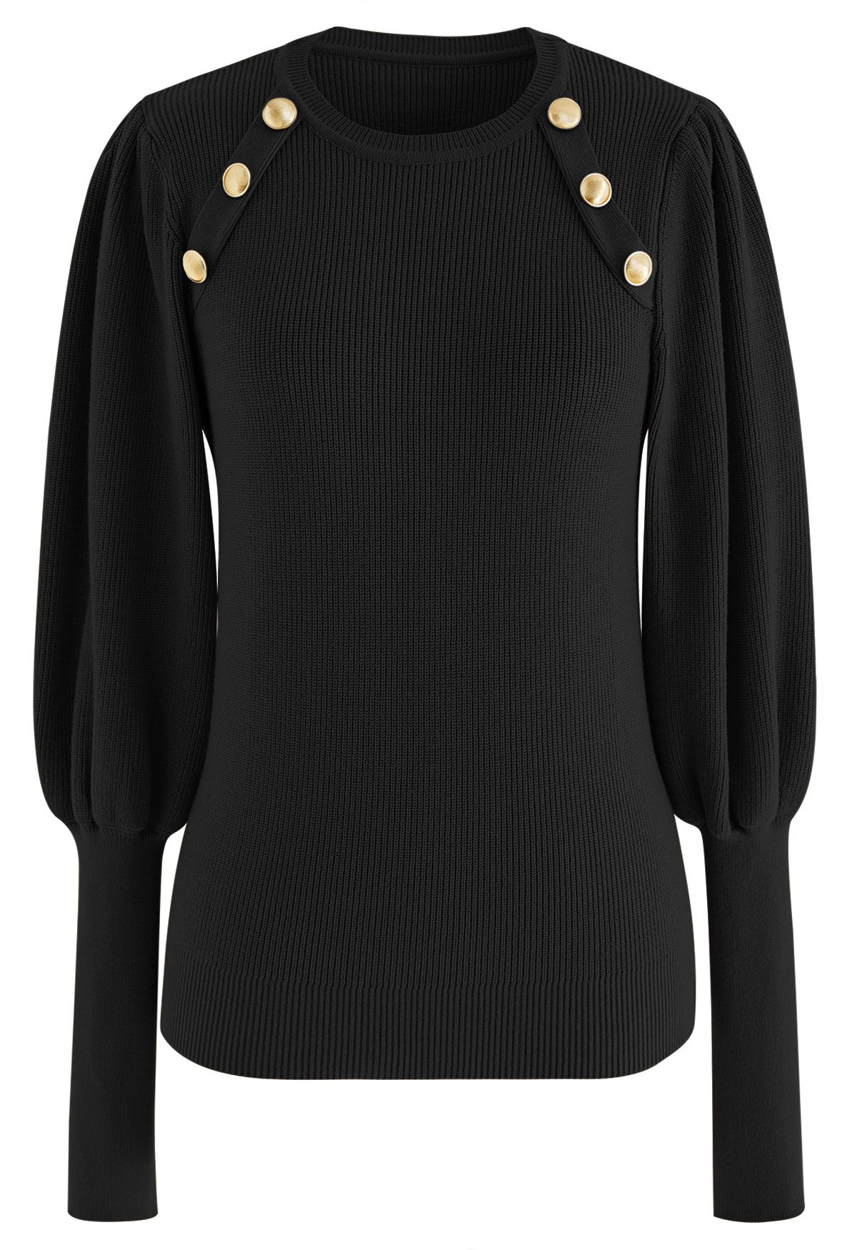 Bubble Sleeves Button Trimmed Knit Top in Black