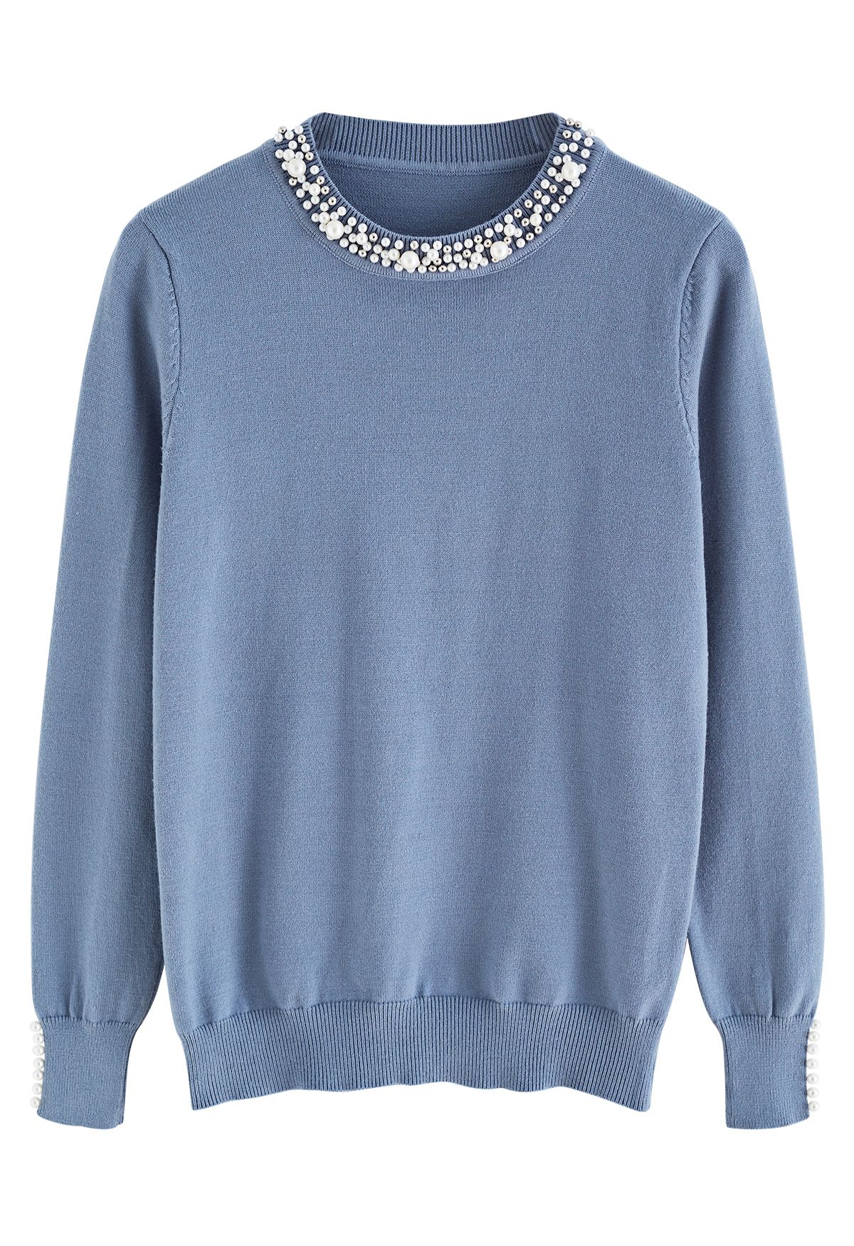 Pearl Trimmed Soft Knit Top in Dusty Blue