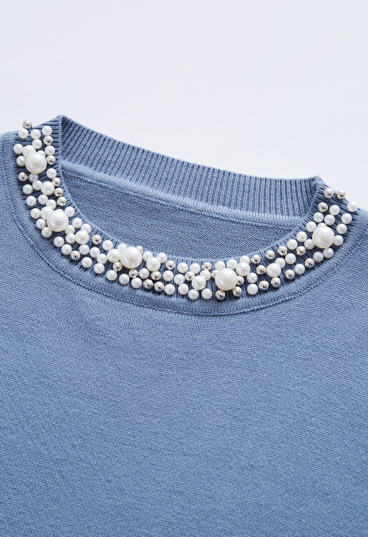 Pearl Trimmed Soft Knit Top in Dusty Blue