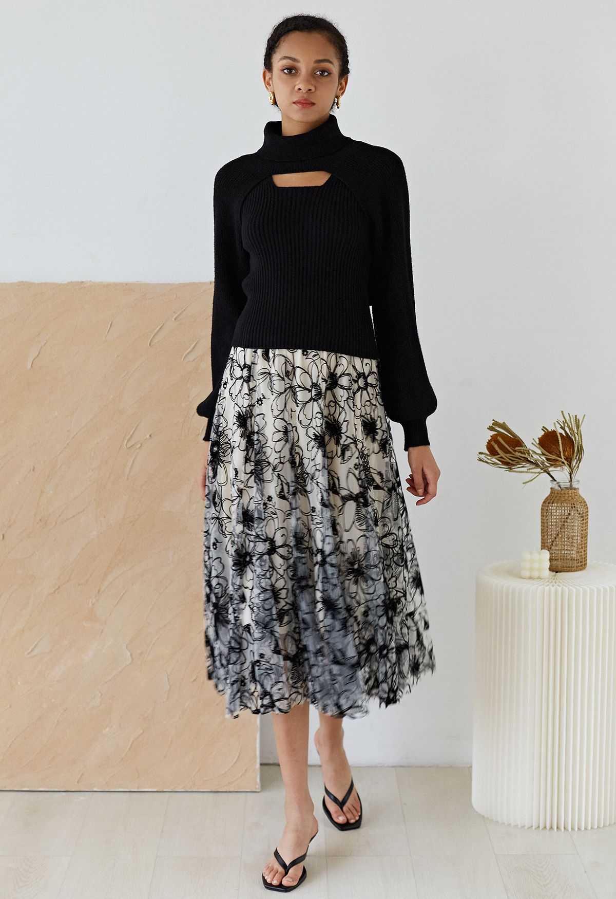 Velvet Flower Blossom Mesh Tulle Skirt in Cream