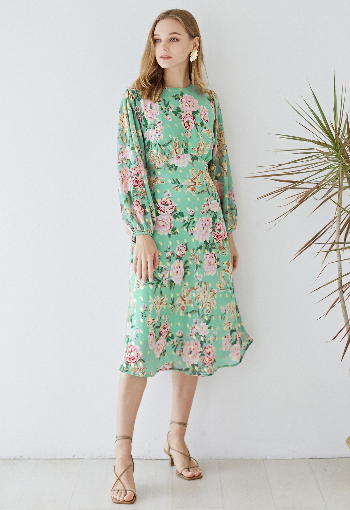 Floral to See Midi Dress with Gold Spot in Mint