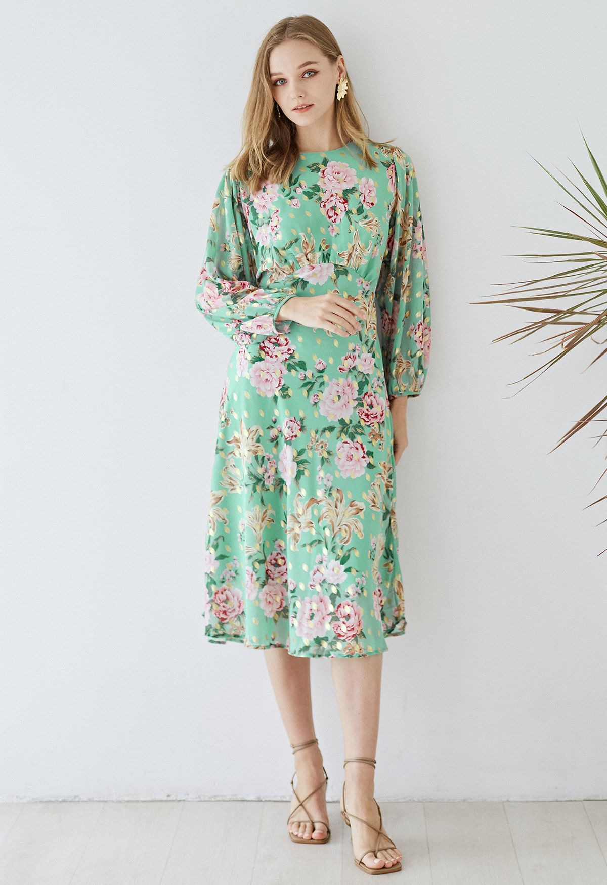 Floral to See Midi Dress with Gold Spot in Mint