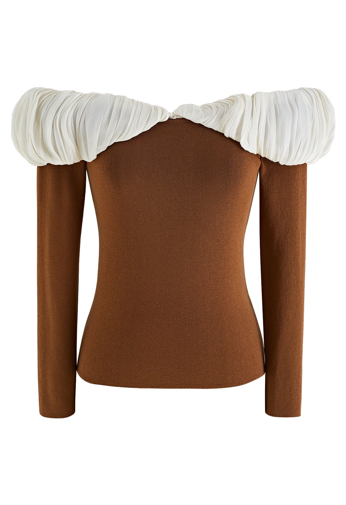 Spliced Ruched Off-Shoulder Knit Crop Top in Caramel