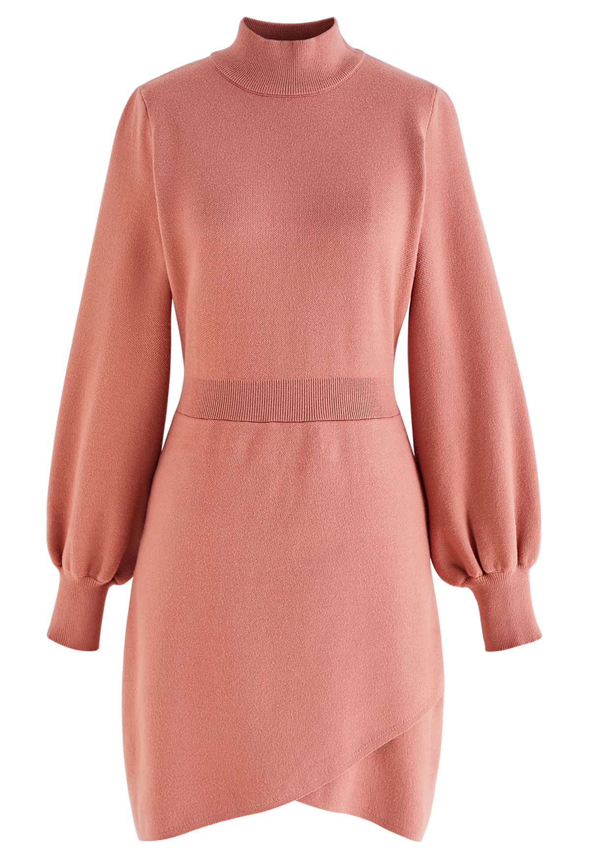 Mock Neck Cross Hem Knit Midi Dress in Coral