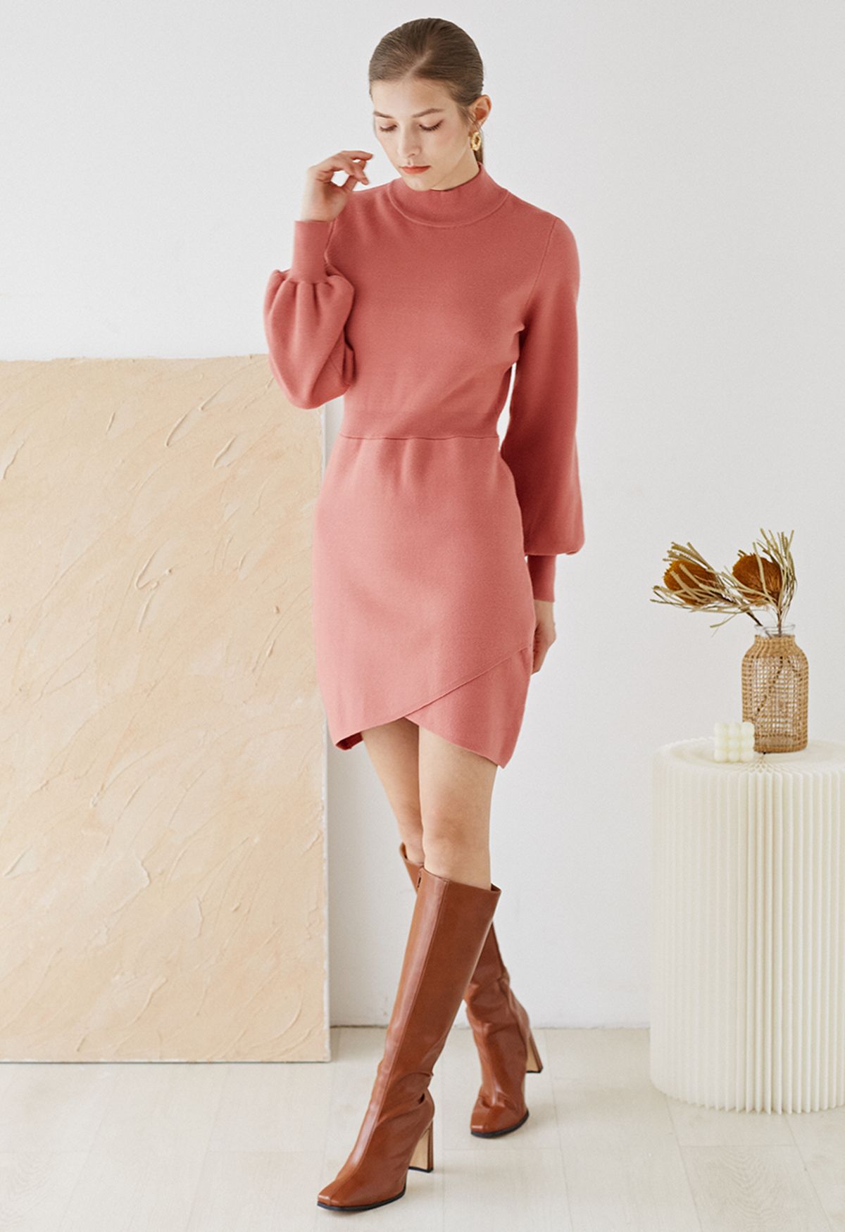 Mock Neck Cross Hem Knit Midi Dress in Coral