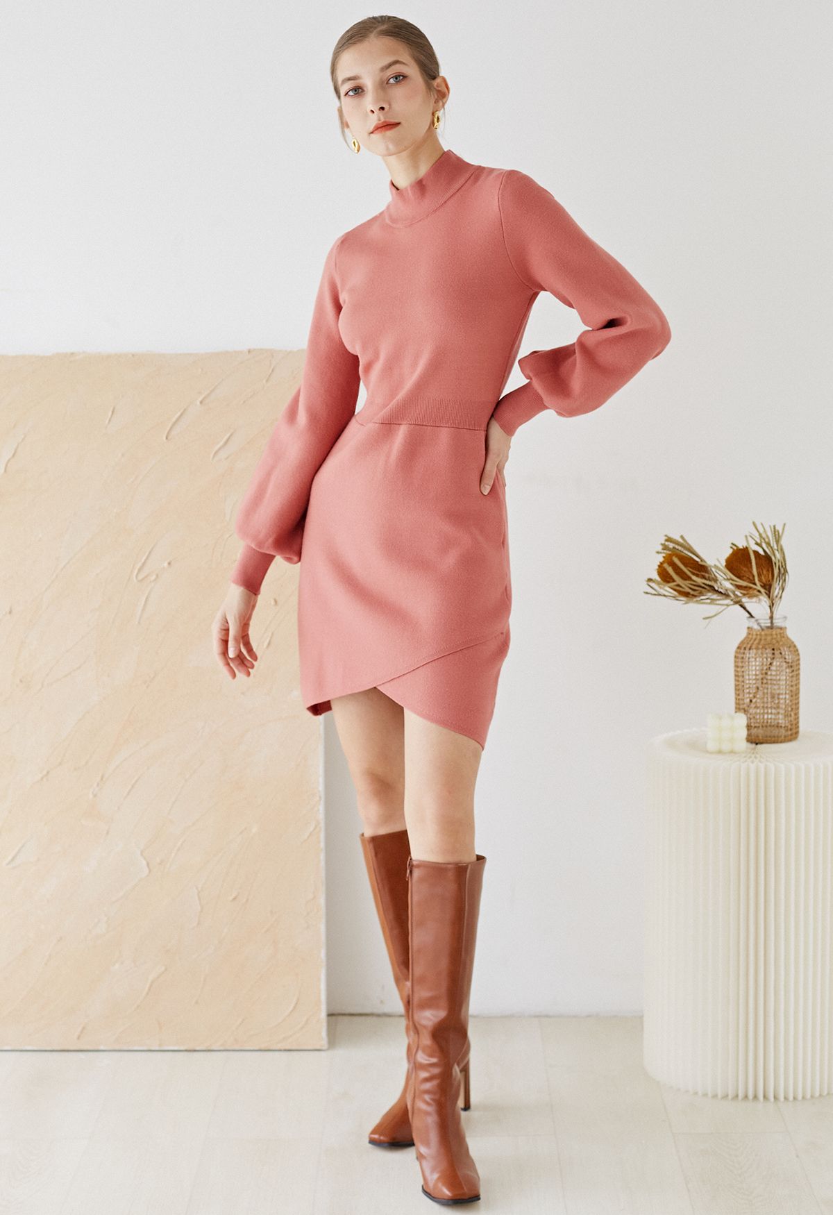 Mock Neck Cross Hem Knit Midi Dress in Coral