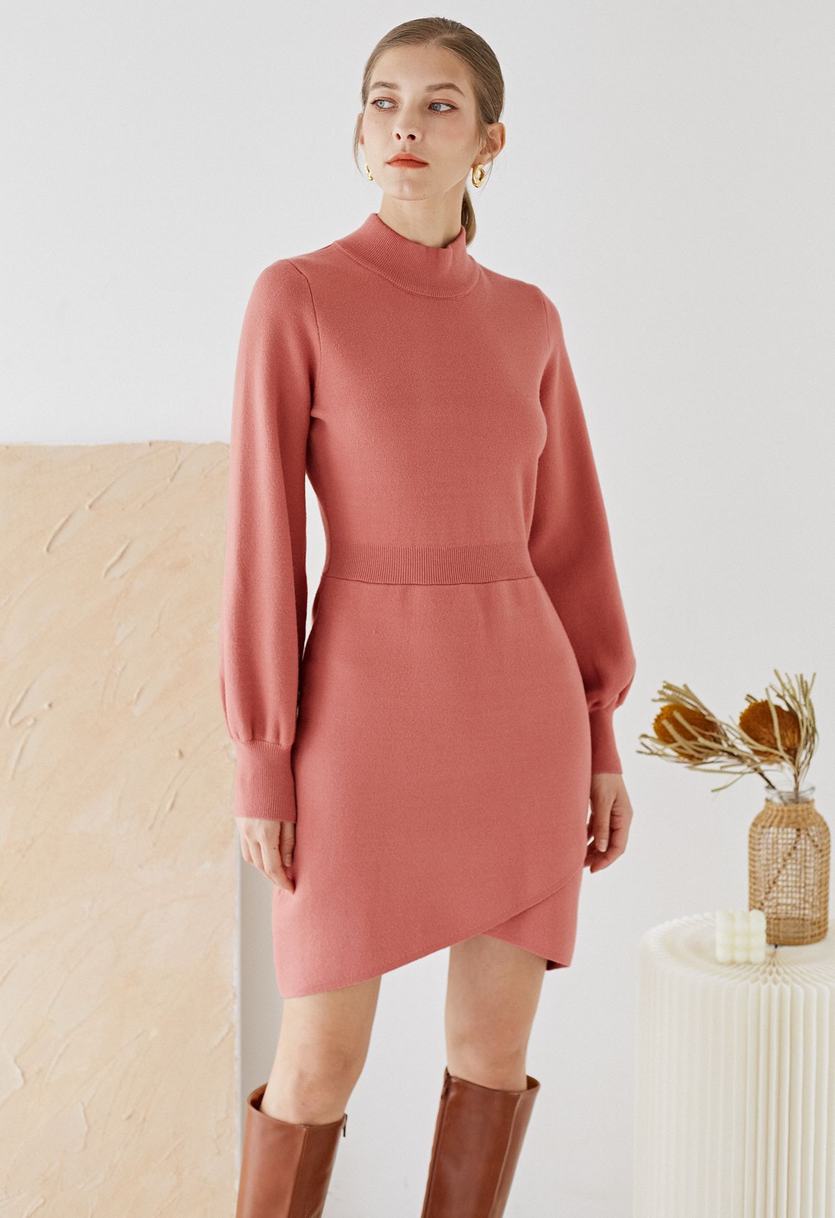 Mock Neck Cross Hem Knit Midi Dress in Coral