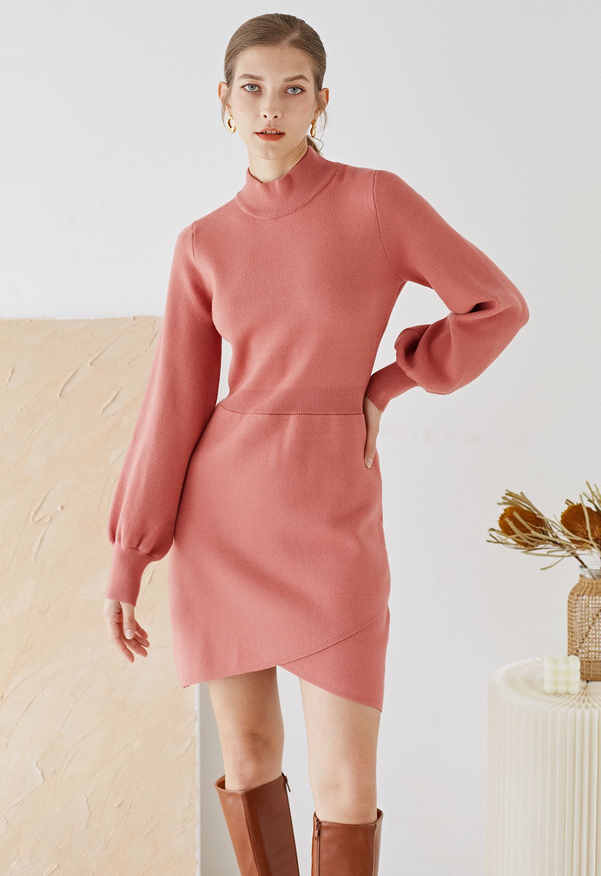 Mock Neck Cross Hem Knit Midi Dress in Coral