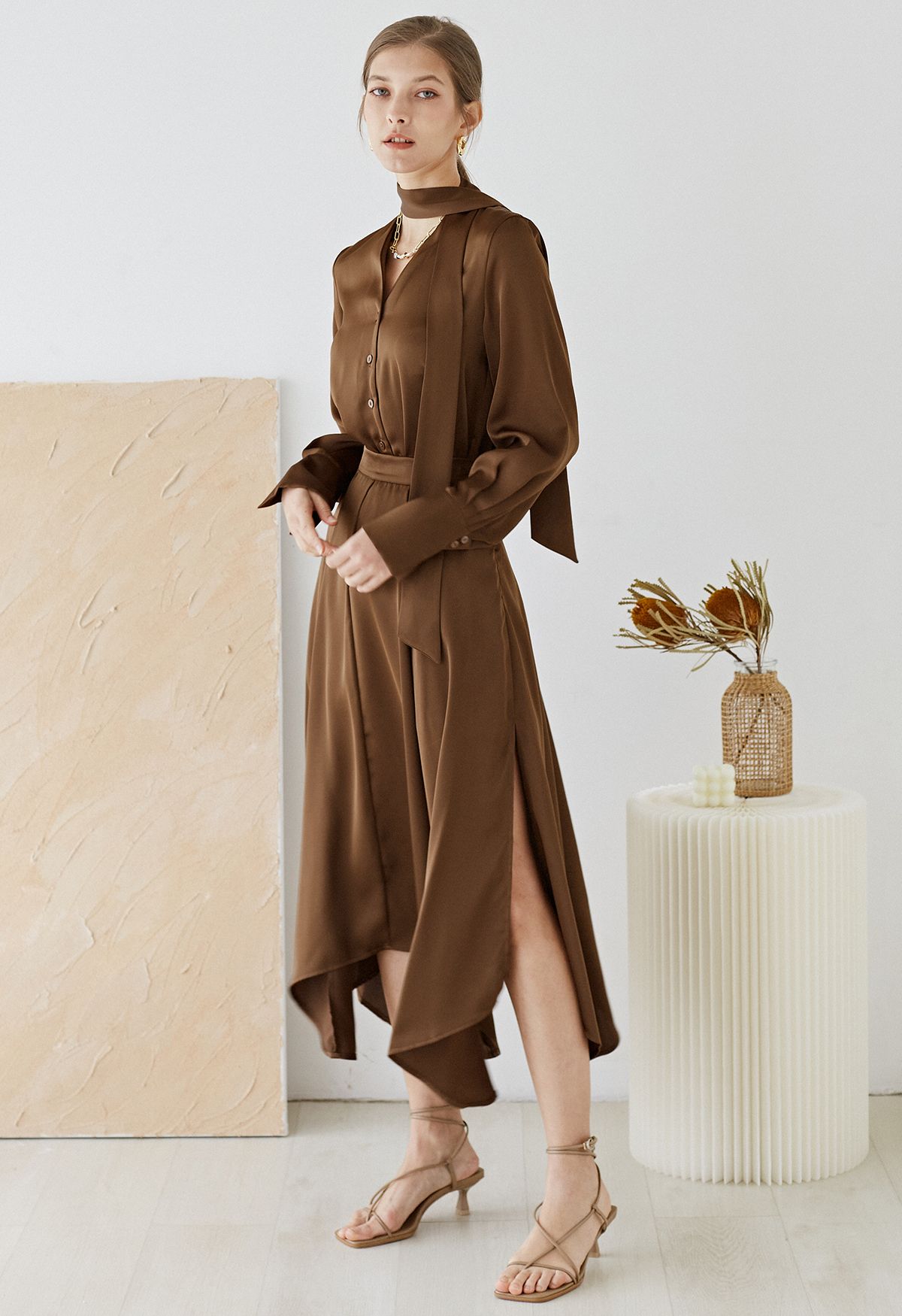 Asymmetric Hem Double Slit Satin Skirt in Brown